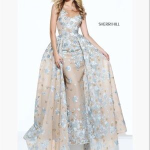 Sherri Hill Floral Prom Dress - Beige and Blue